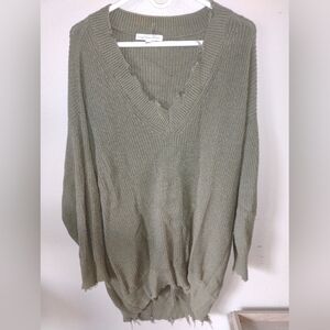 Young Fabulous & Broke Olive Green V-Neck Distressed Knit Sweater